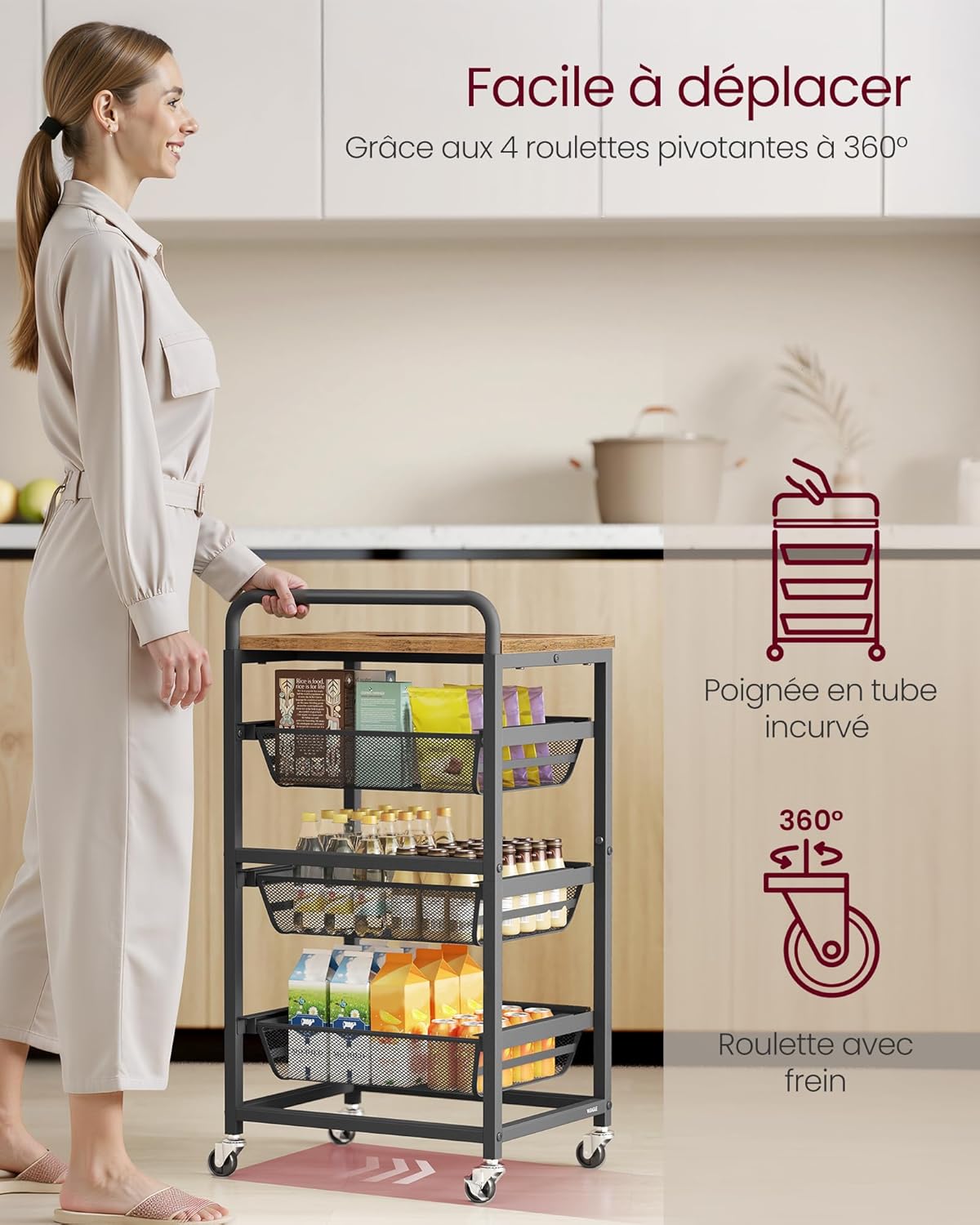 VASAGLE - Chariot de rangement 4 niveaux, paniers extractibles, 31,7x40x76cm, poignée, roulettes, LRC040K01