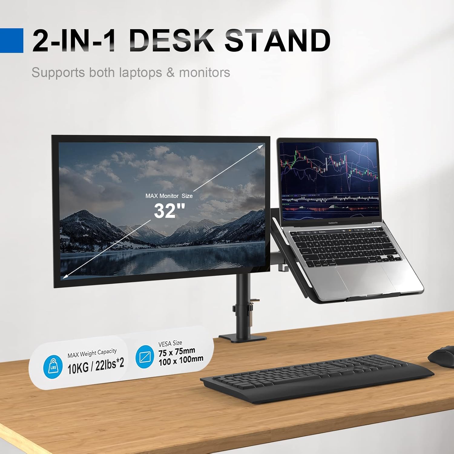 GRIFEMA - support écran double avec plateau - VESA 75x75/100x100, 360° pivotant, hauteur réglable, 10kg max