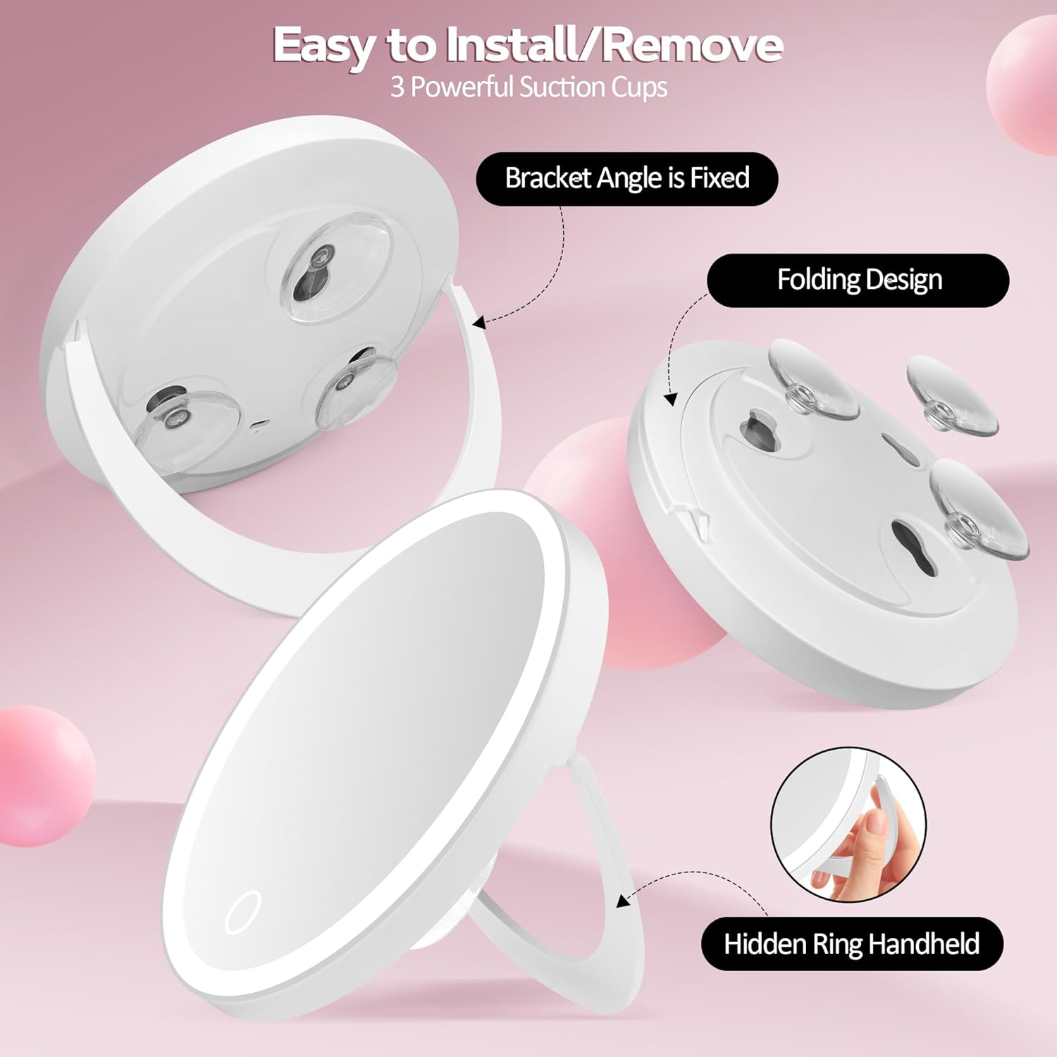 Miroir grossissant - 30x, éclairage à intensité variable, ventouse, couleurs multiples, format table ou mural