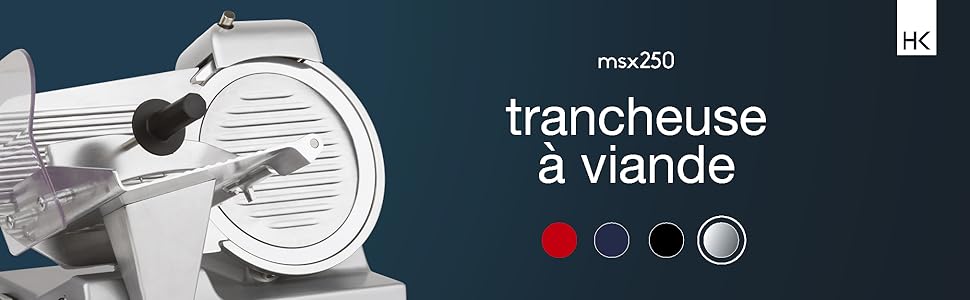 Le texte indique « trancheuse à viande ». Interface du produit ou panneau de commande affichant des indicateurs numérotés et des boutons de sélection.