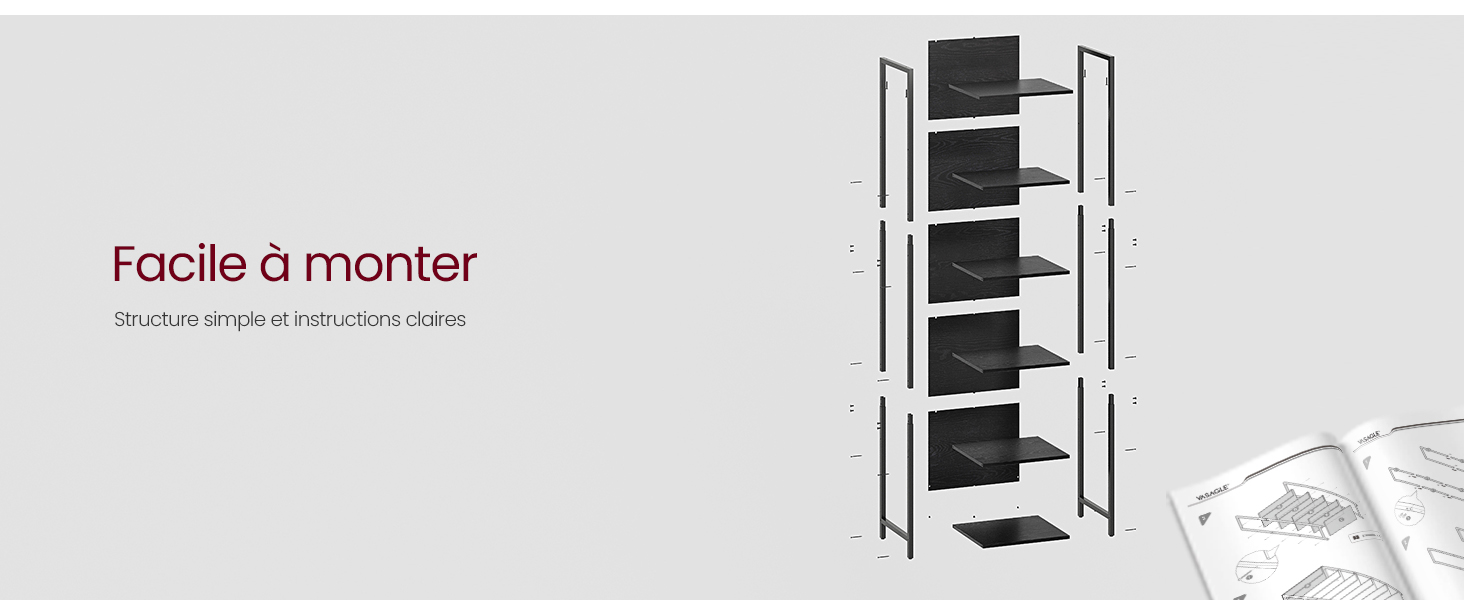 Étagère moderne à cinq niveaux avec étagères noires et cadre en métal, illustrée avec un texte d'assemblage indiquant une fonction de montage facile