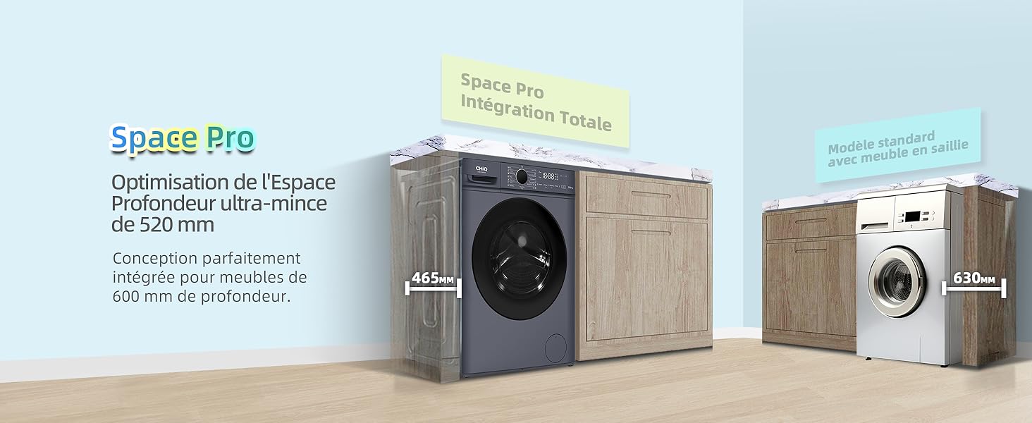 avec une profondeur ultra-fine de 520 mm. Deux modèles présentés : l'un en gris, l'autre en blanc, avec les options d'intégration des armoires en bois illustrées.