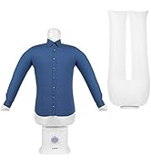 avec unité de base blanche et mannequin gonflable. Chemise bleue à manches longues affichée sur le mannequin. Panneau de commande visible sur l'unité de base.