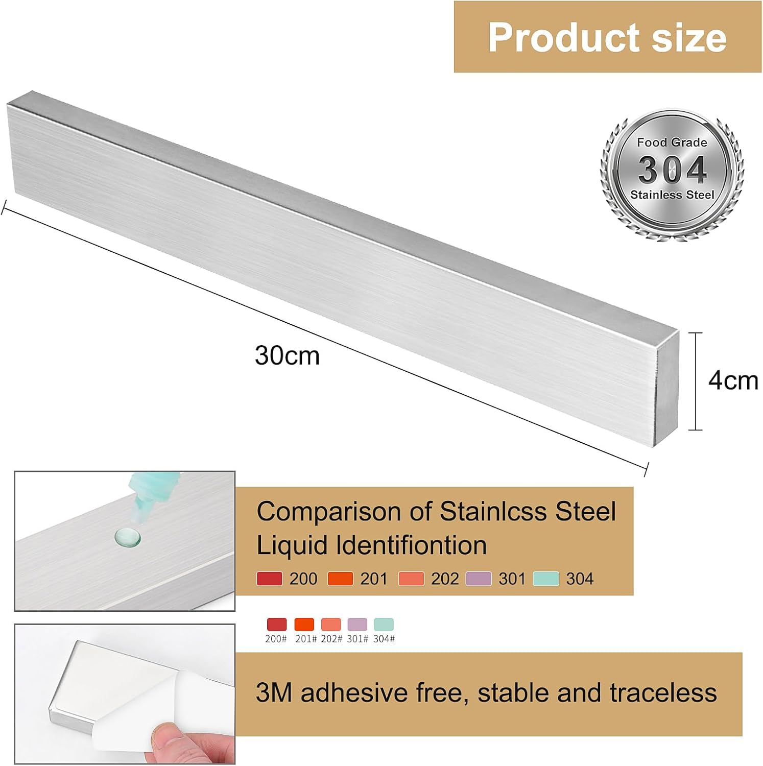 Porte-couteau magnétique - 30 cm - inox, fixation murale sans perçage