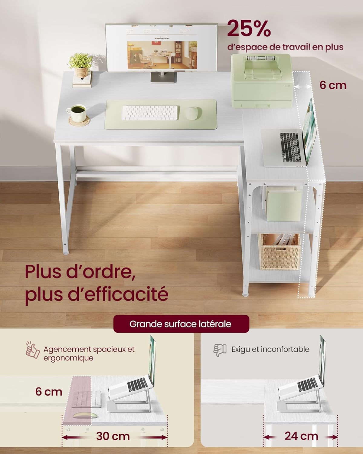 VASAGLE - Bureau en L avec rangement, étagères réglables, 110x80 cm, LWD135WF01