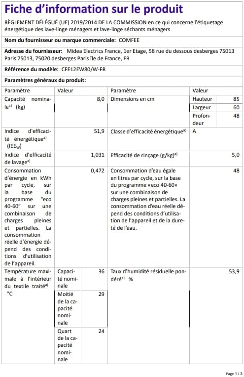 COMFEE' - Lave-linge frontal 8kg, classe A, moteur BLDC, 15 programmes, CFE12EW80/W-FR