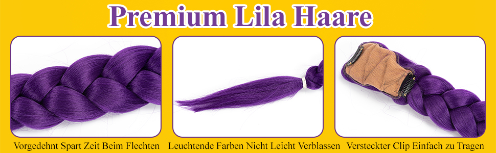Der Text lautet „Premium Lila Haare“. Reihe von Produktbildern, die lila Haarverlängerungen oder Perücken in verschiedenen Stylingvorführungen und Verpackungsansichten zeigen.