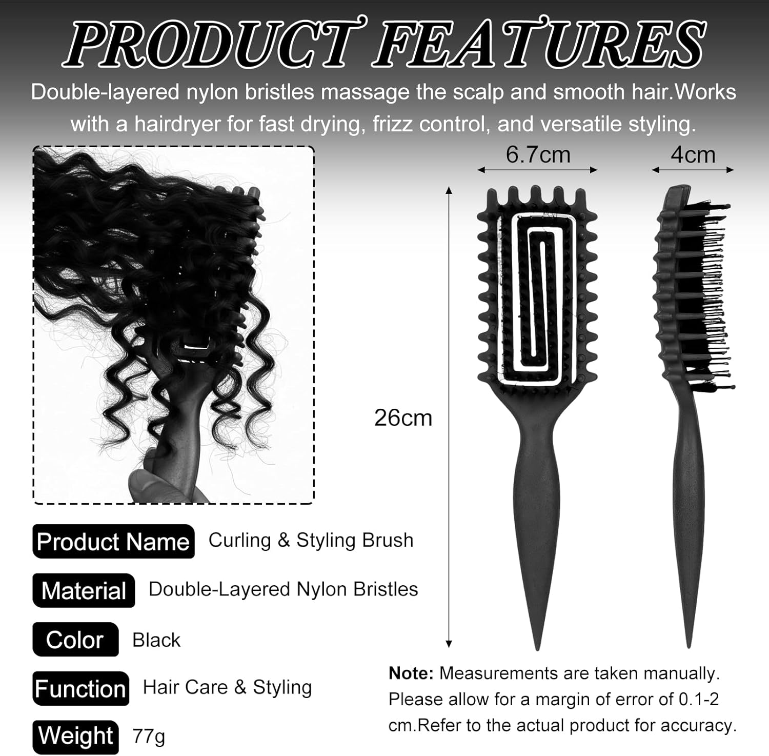 Brosse à boucles - démêlage doux, manche ergonomique, antistatique, adaptée tous âges - Noir