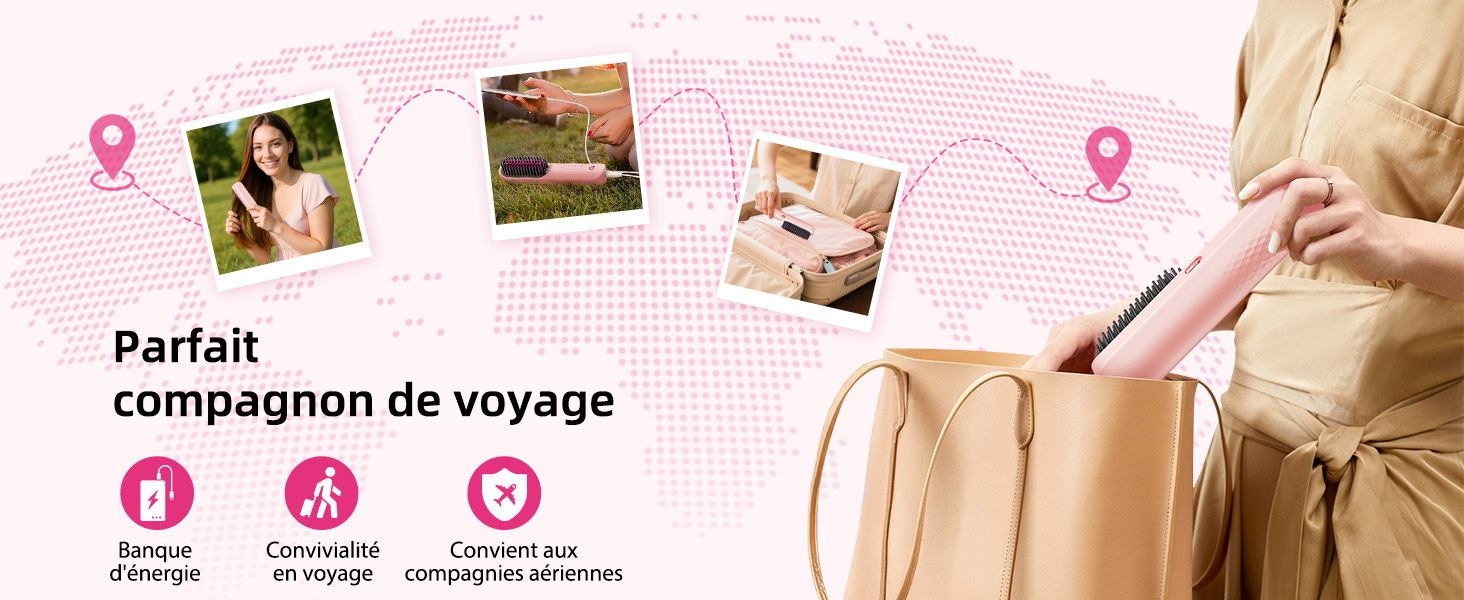 Le texte se lit comme suit : « Parfait compagnon de voyage ». Fond de grille rose avec plusieurs images de démonstration de produits montrant des scénarios d'utilisation avec des icônes.