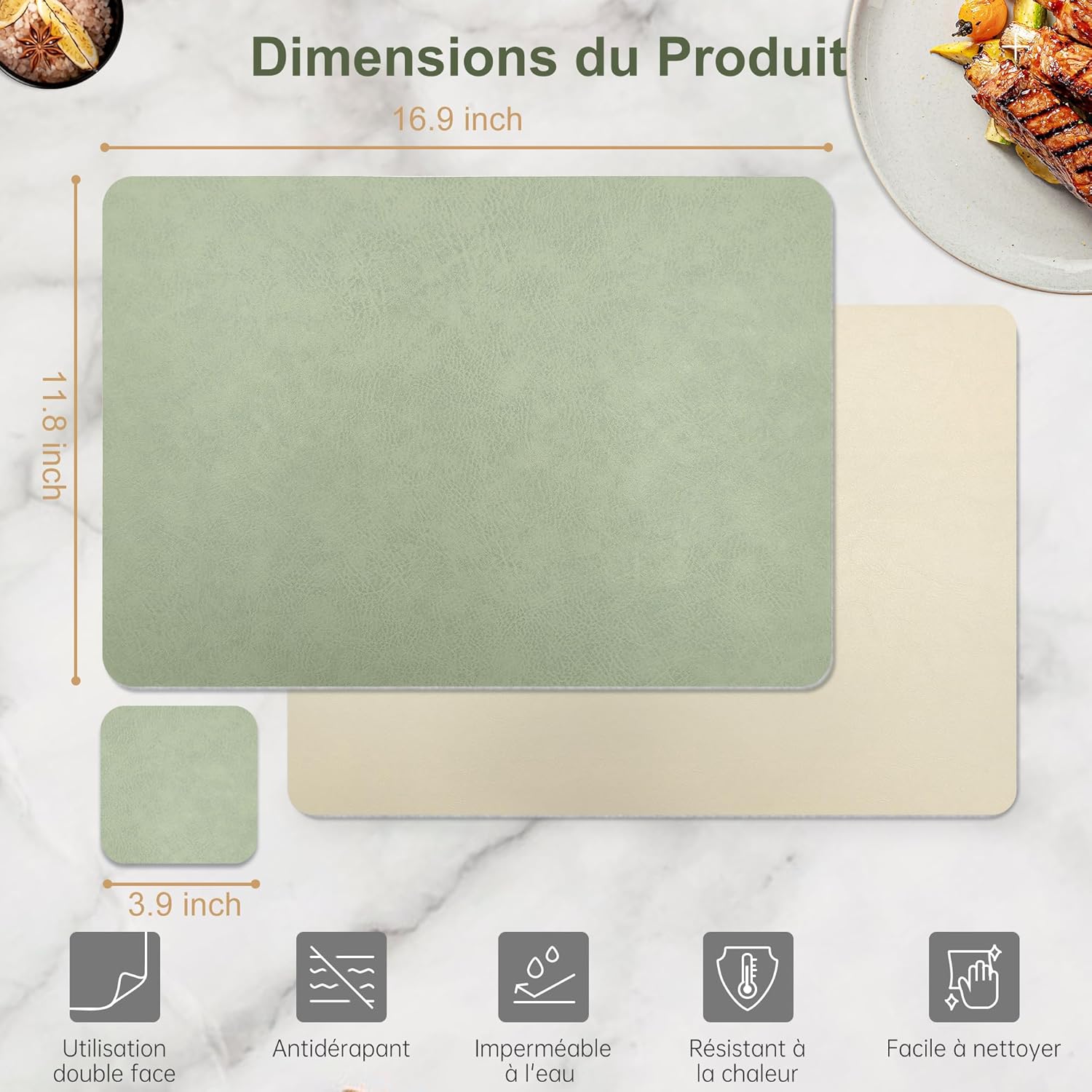 KitchenBoss - Set de table double face 43x30 cm - lot de 6 lavables antidérapants