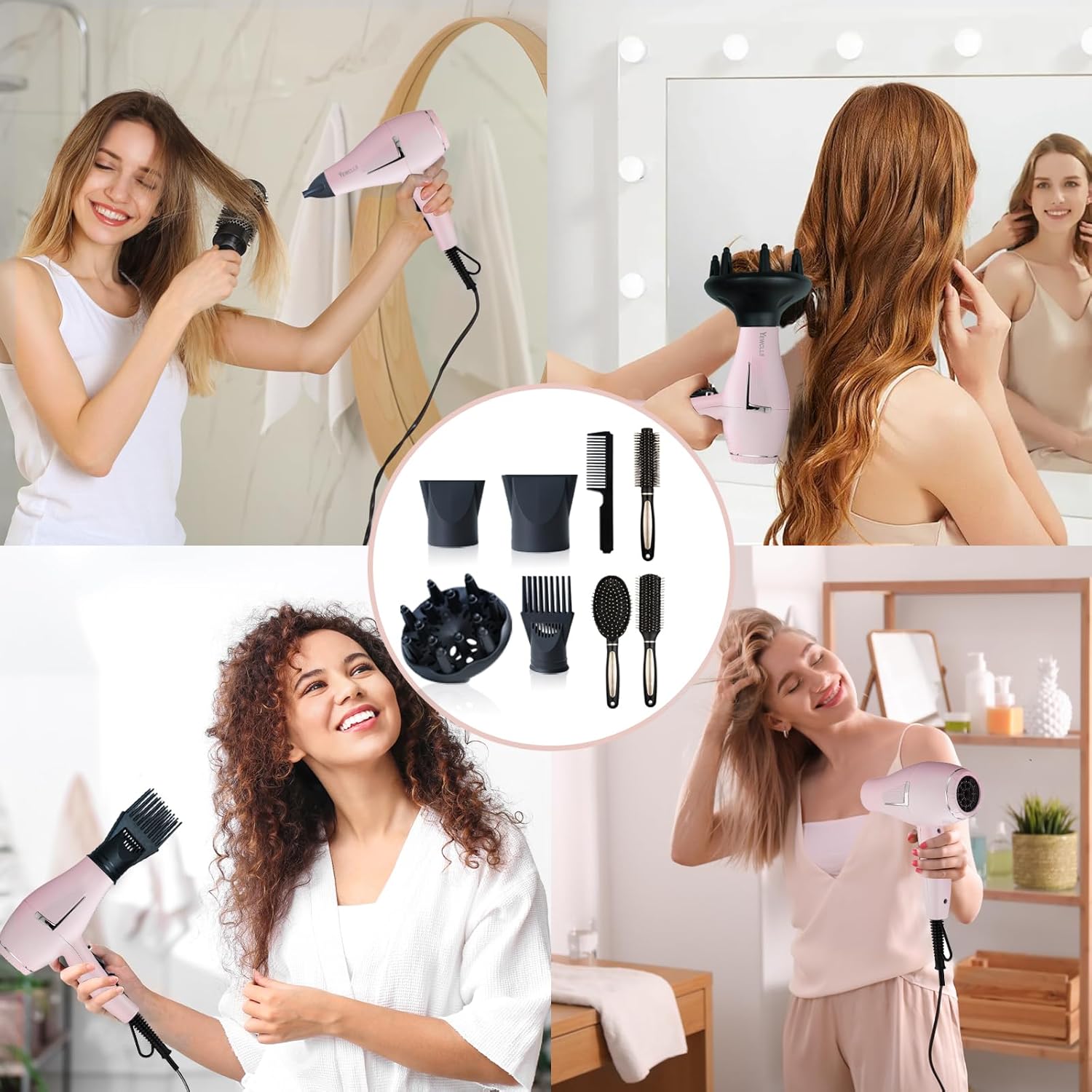 Sèche-cheveux ionique - Salon séchage rapide 2100W - 2 concentrateurs, 4 peignes, 1 diffuseur, bouton froid