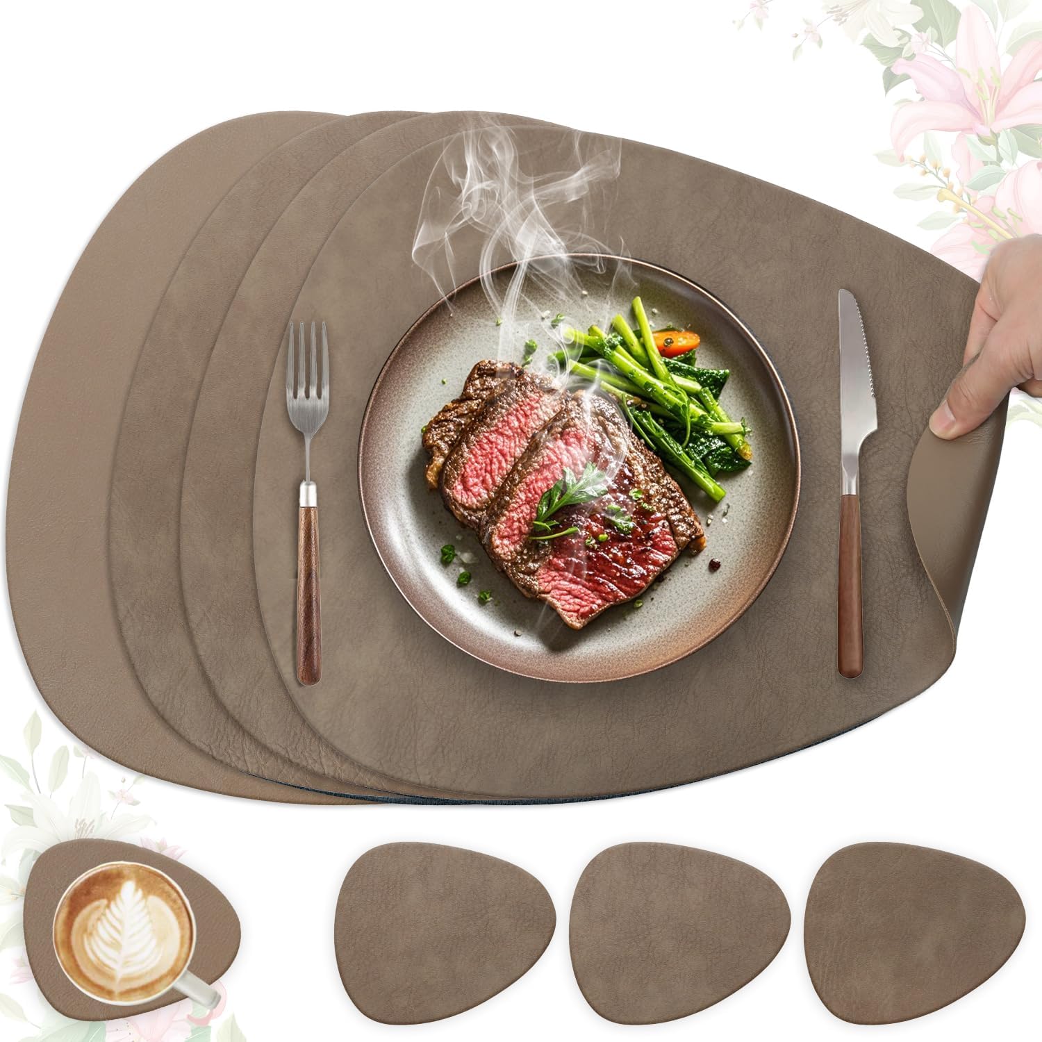 Set de table - lot de 4, PU double face, antidérapant, 41x33cm, marron