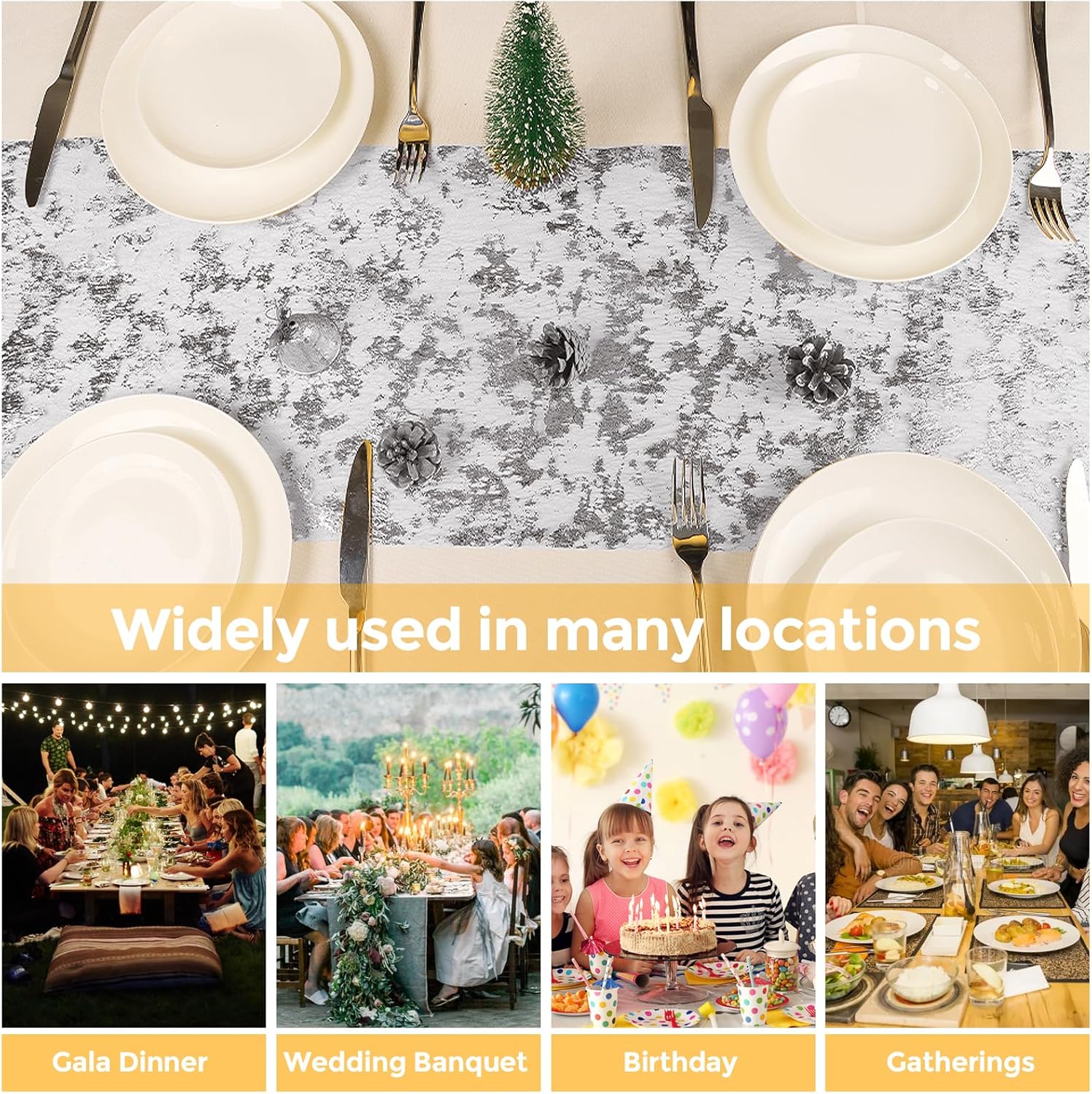 Chemin de table - filet argenté, polyester, 29x1000cm, déco fête