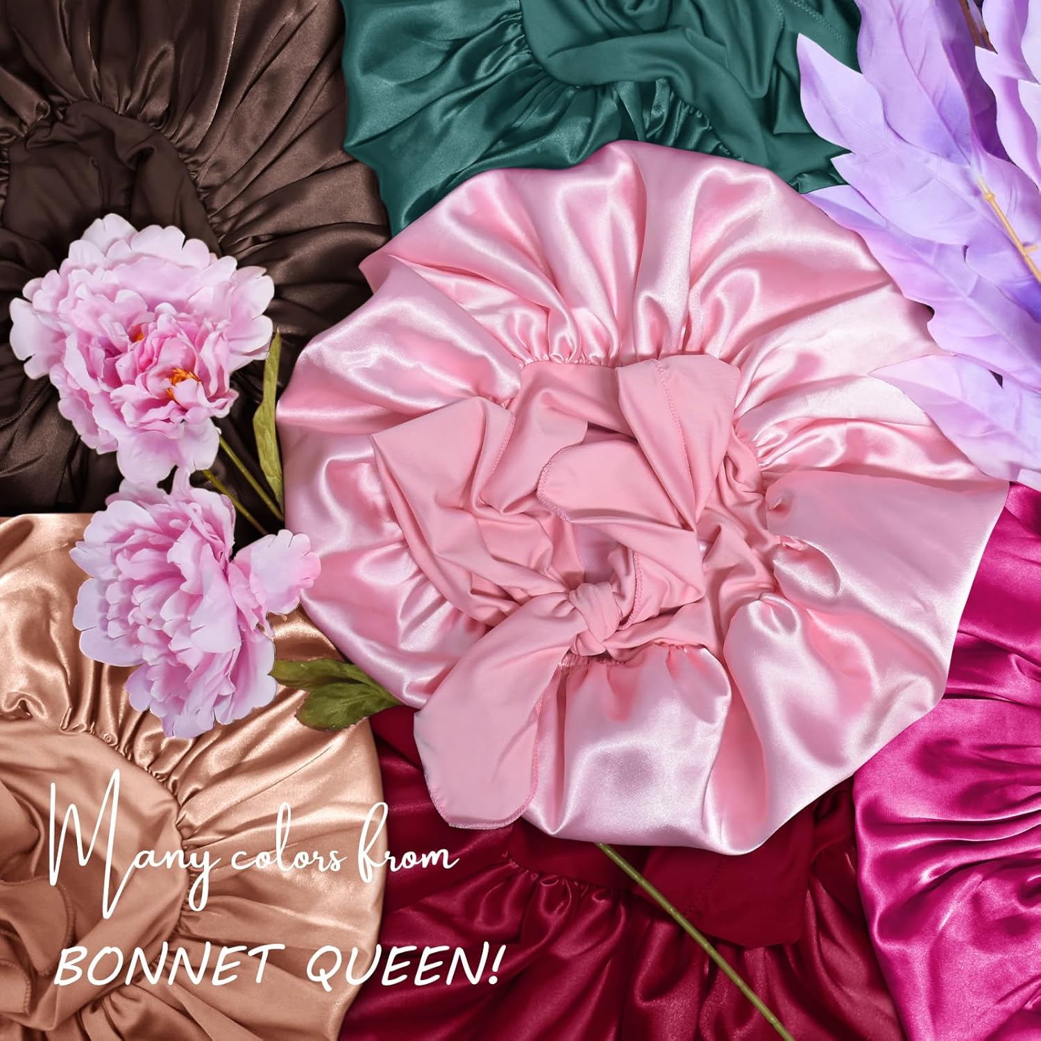 BONNET QUEEN - bonnet satin nuit ajustable, moyen, chocolat, long élastique