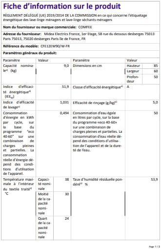 Comfee - lave-linge frontal 9kg, classe A, 1400trs, 15 programmes, CFE12EW90/W