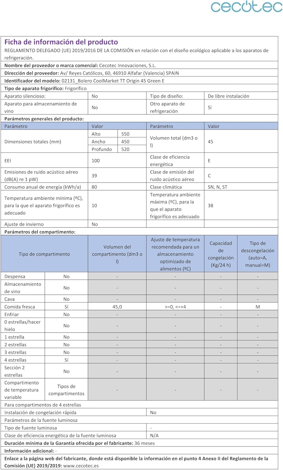 Cecotec - Bolero CoolMarket TT Origin 45 - 55x44,7cm - mini frigo vert, poignée chromée, classe E