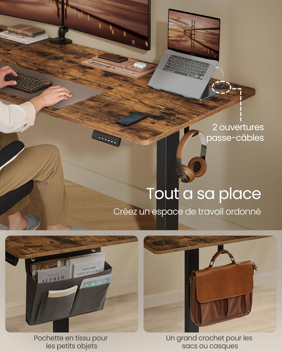 SONGMICS - bureau électrique réglable - 180x80 cm - 4 hauteurs mémoire, assis-debout, marron rustique - LSD138K01