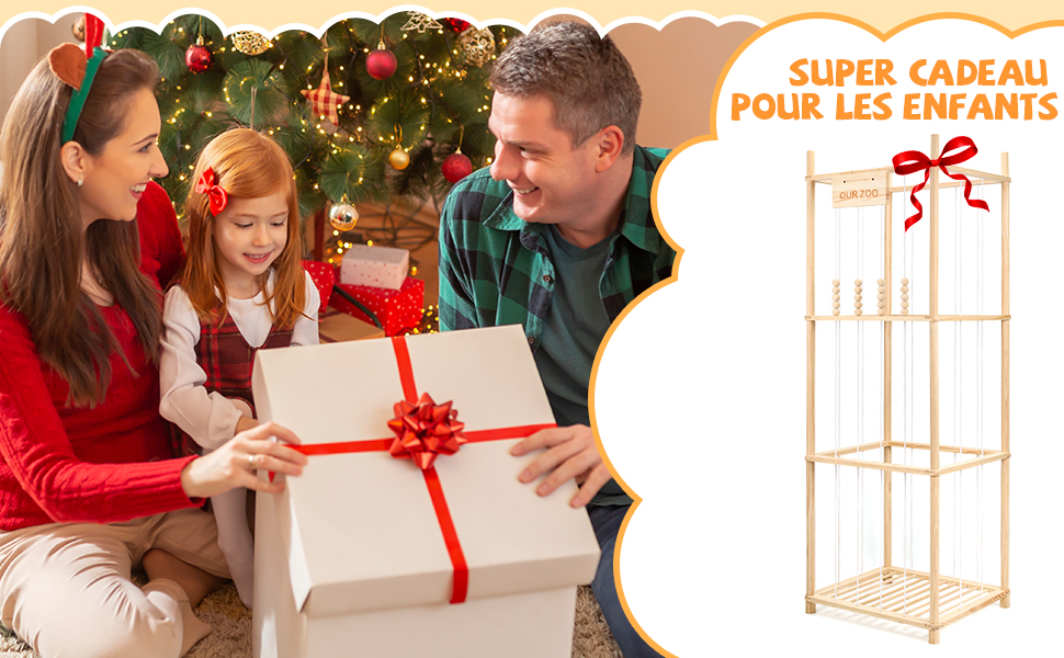 Le texte indique « SUPER CADEAU POUR LES ENFANTS » Plusieurs images montrant des scènes de remise de cadeaux avec des cadeaux emballés et attachés par des rubans rouges.