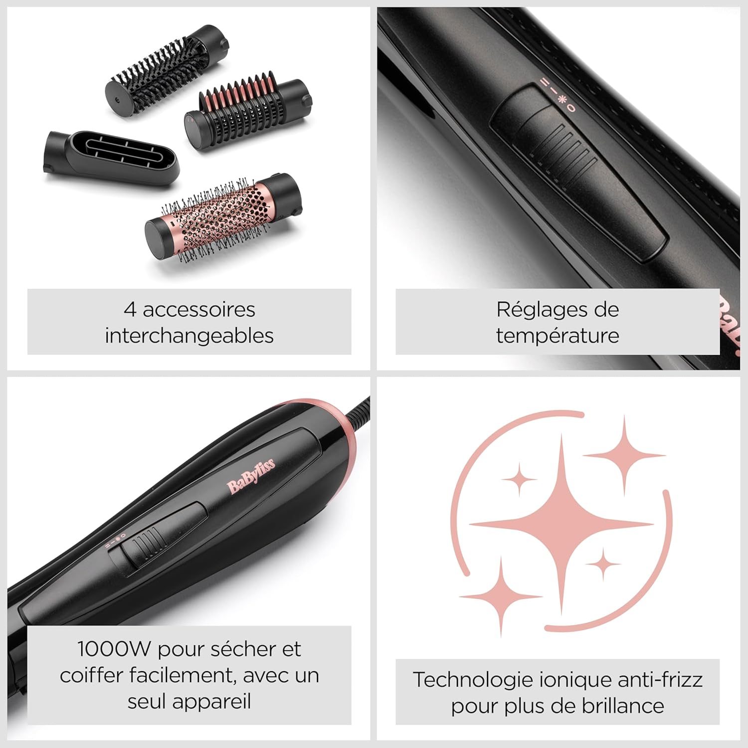 BaByliss - Brosse soufflante Perfect Finish - 3 accessoires - 2 températures, ionique, bouton air froid - AS126E