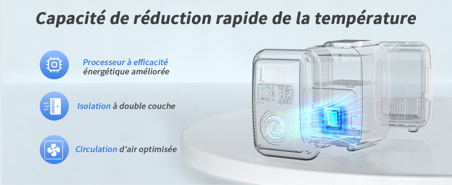 mettant en évidence une réduction rapide de la température, une isolation à double couche et une circulation d'air optimisée. La lueur bleue indique la technologie de refroidissement à l'intérieur de l'appareil transparent en forme de cube