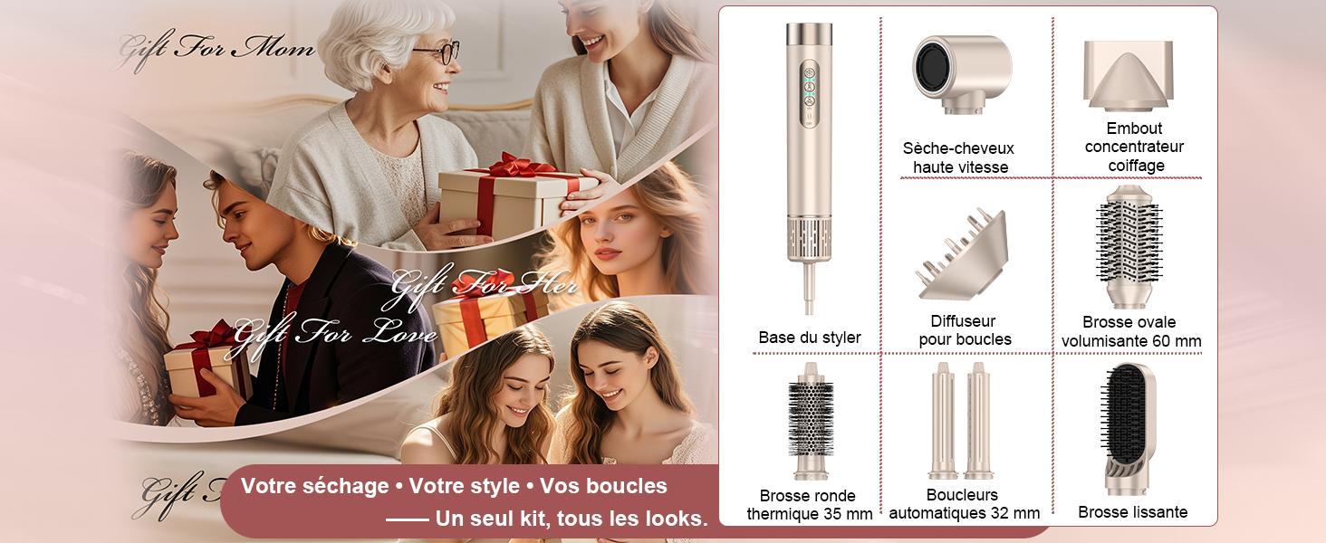 Le texte se lit comme suit : « Pour maman ». Schéma pédagogique montrant les différentes étapes de la coiffure, comprenant des démonstrations d'utilisation des produits et des techniques de coiffage.