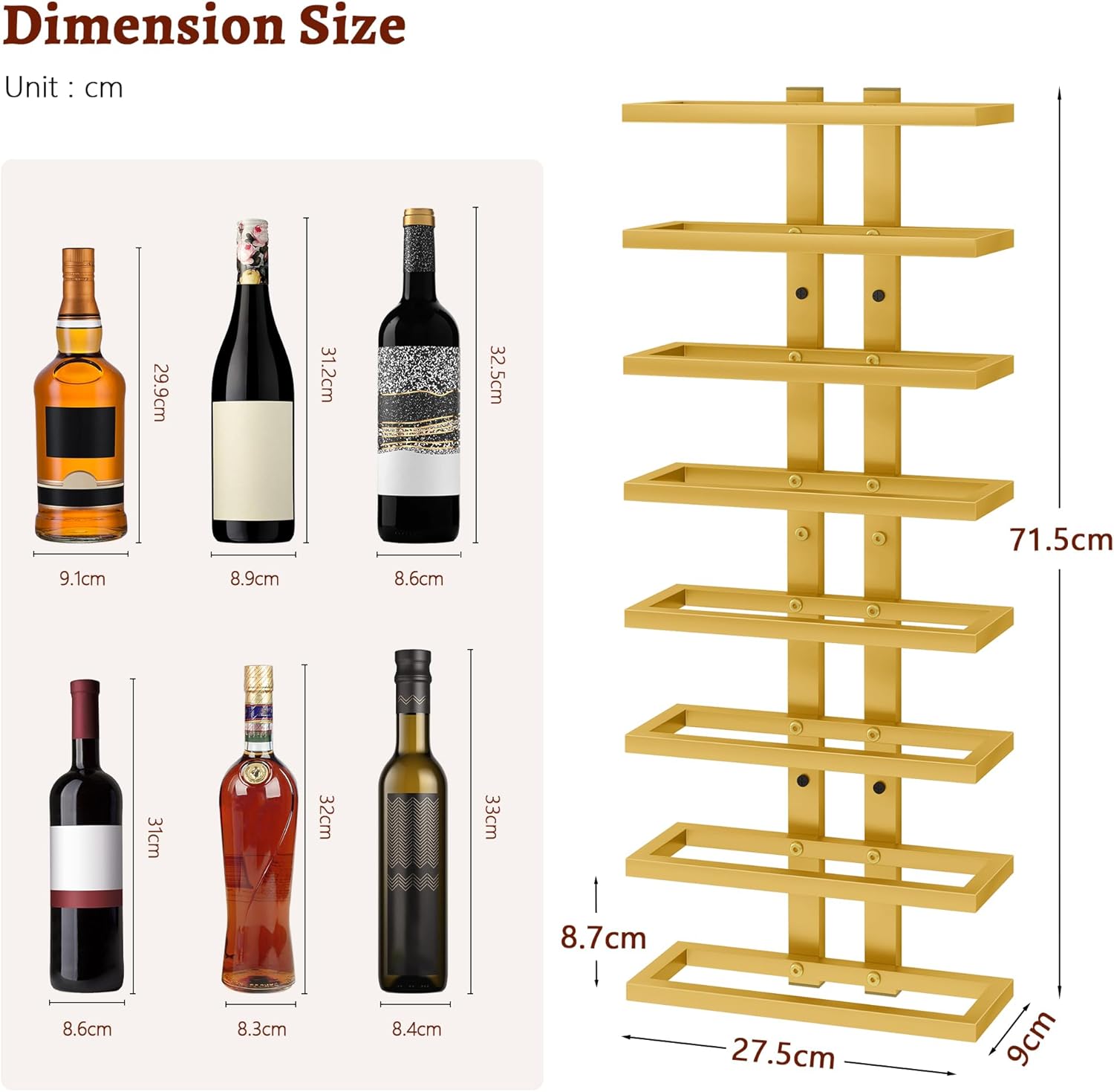 FAVOOSTY - Porte-bouteilles mural 8 niveaux métal, doré, 80x20 cm