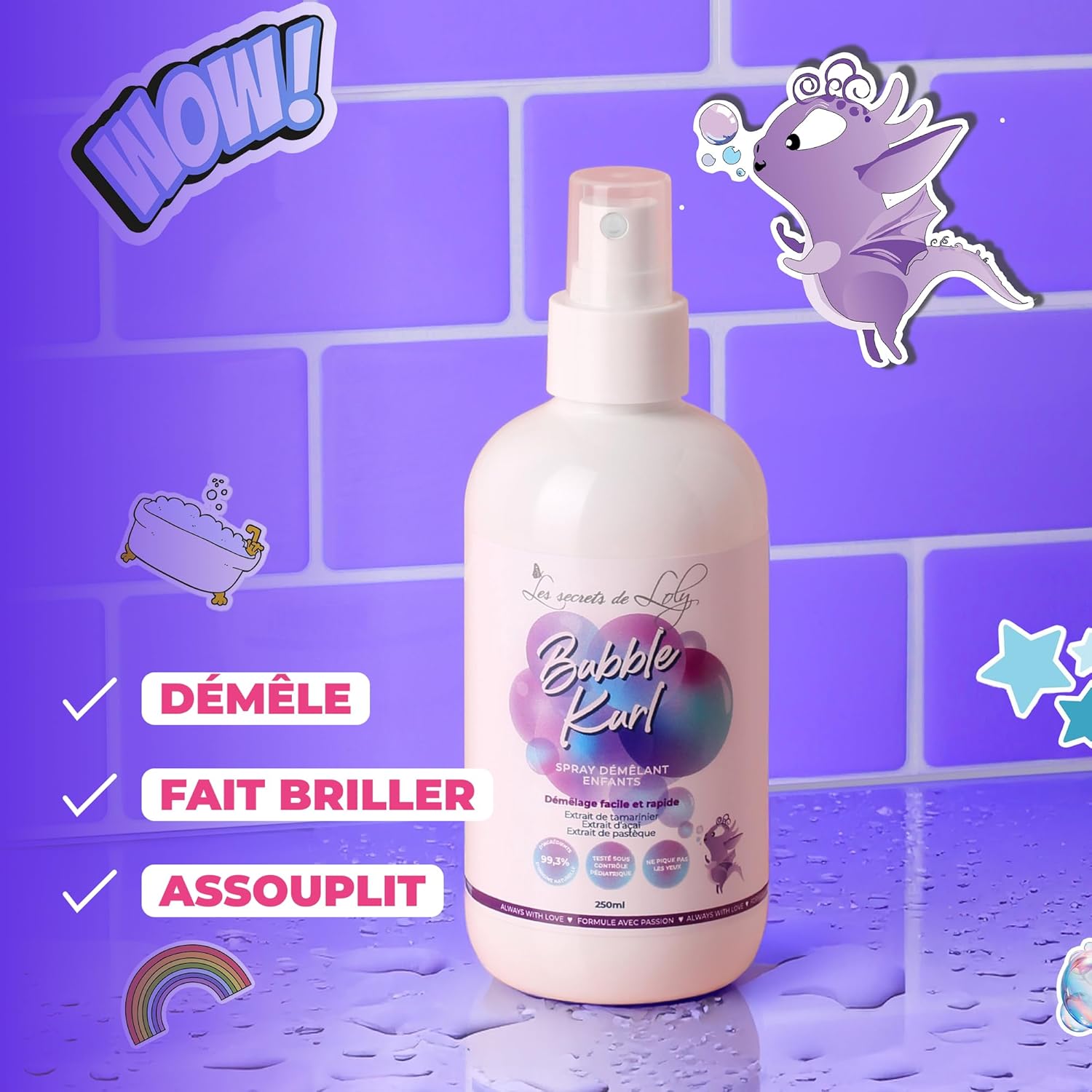 Les Secrets de Loly - Bubble Kurl - 250 ml - Spray démêlant enfants, cheveux bouclés, +99% naturel