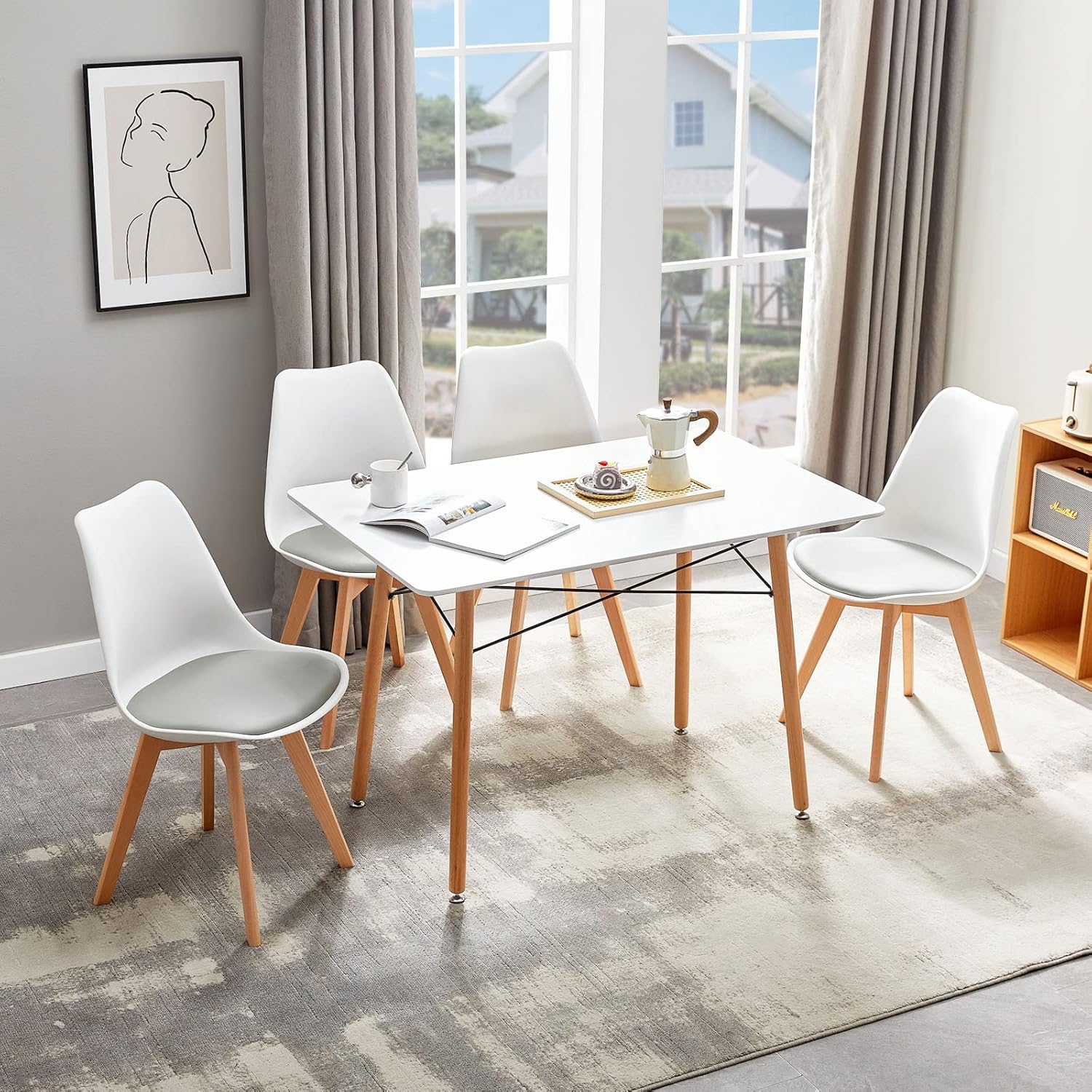 EGGREE - Lot de 4 chaises - bois hêtre, coussin PU, blanc/gris, design scandinave