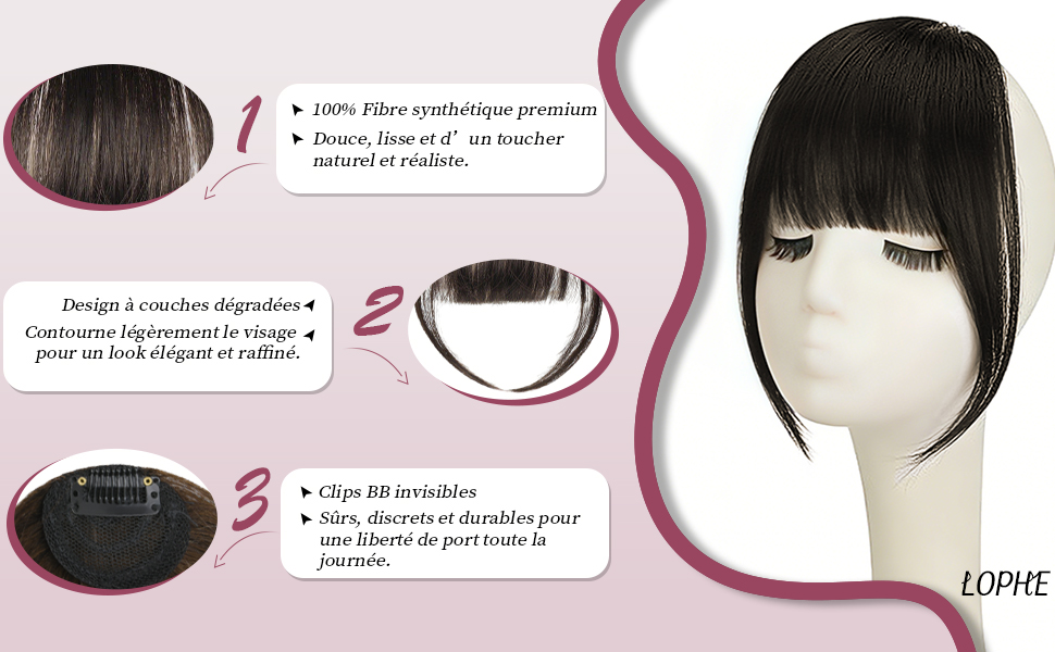 Images rapprochées de perruques ou de postiches noirs avec des schémas techniques et des indicateurs de mesure indiquant les détails de construction et les instructions de montage.