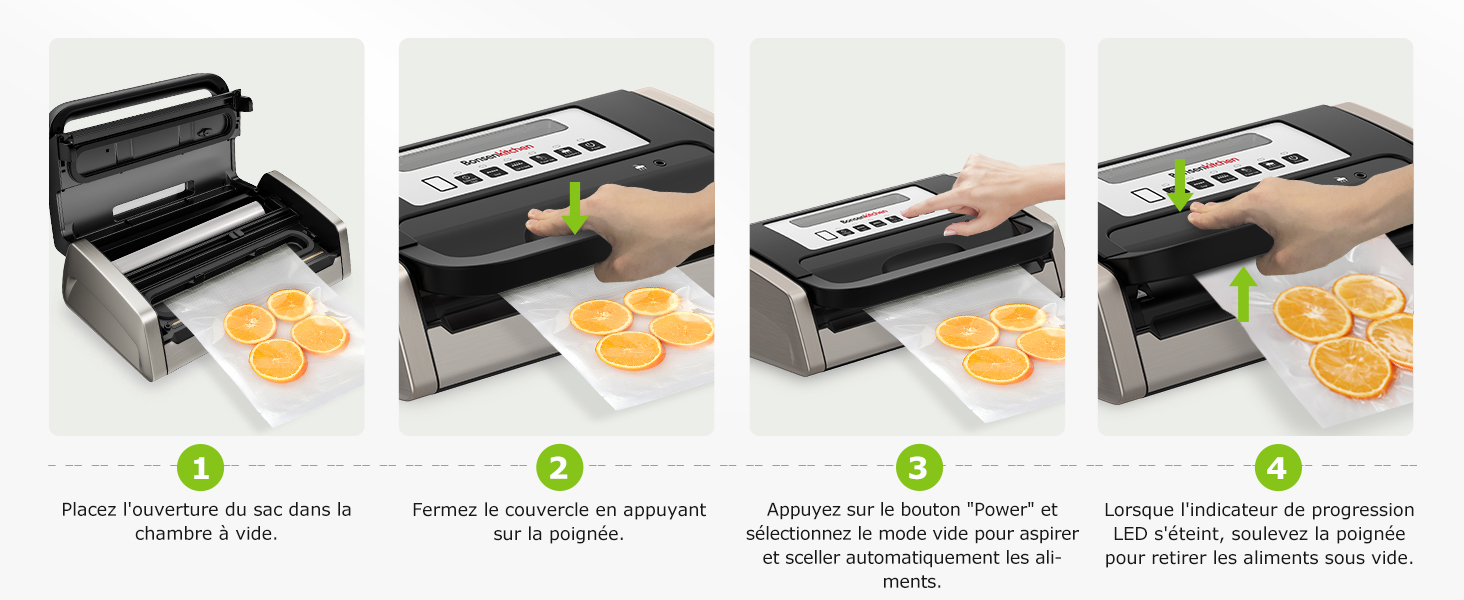avec plusieurs plateaux. Appareil compact illustré en train de sécher des tranches d'orange en quatre étapes : chargement, fermeture, fonctionnement et retrait des fruits secs.