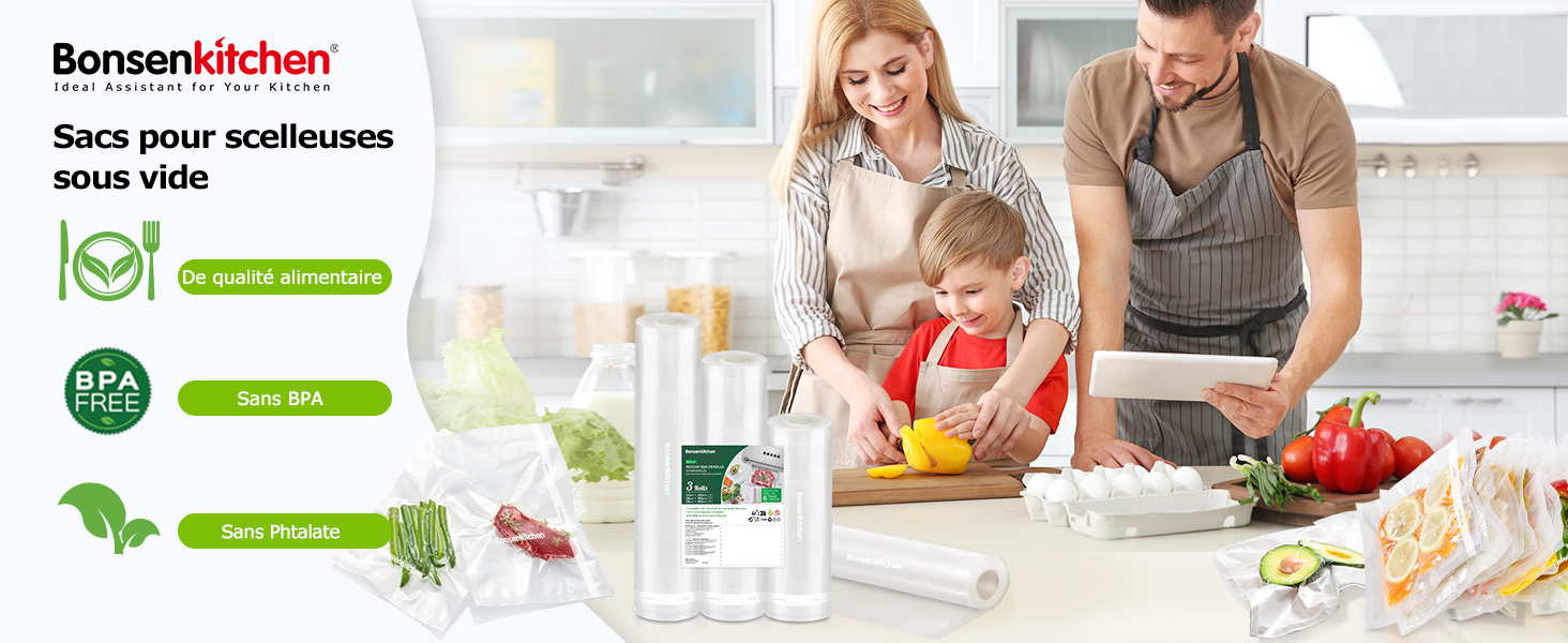 Le texte se lit comme suit : « Bongenkitchen ». Série d'images de style de vie montrant des personnes préparant des repas dans la cuisine avec des icônes écologiques vertes.