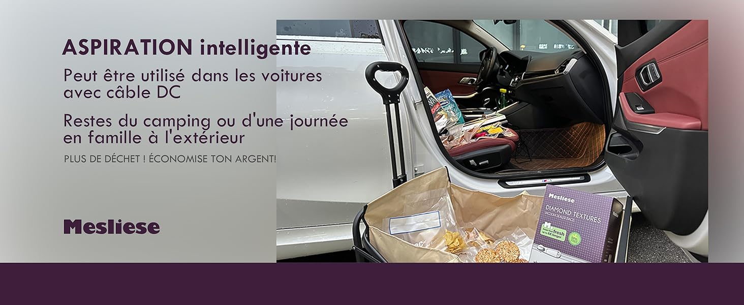 Intérieur de la voiture avec tableau de bord et volant visibles. La superposition de texte mentionne l'aspiration intelligente et l'utilisation du courant continu par câble. Produit Mesitese visible