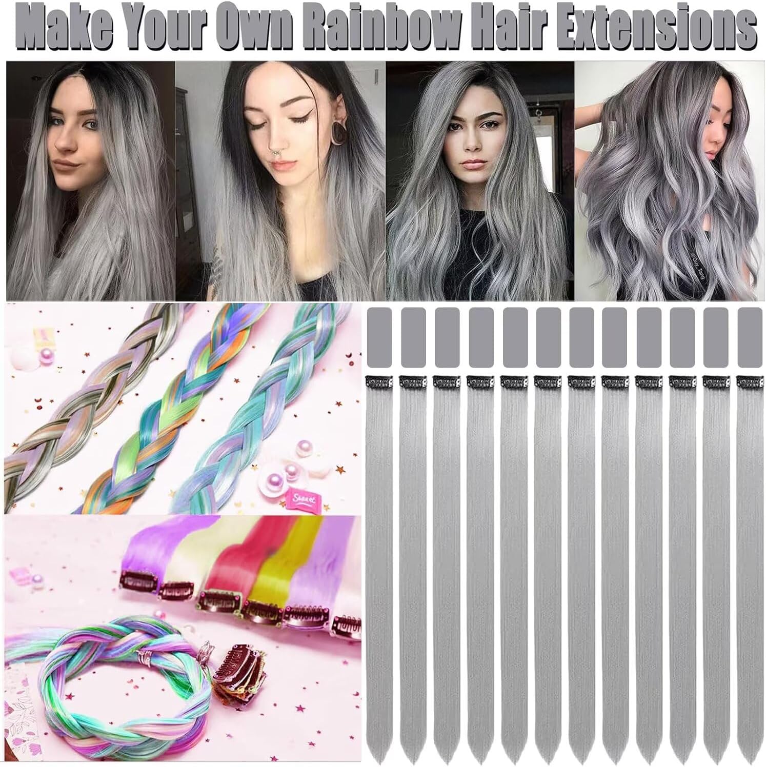 Extension cheveux - 55cm, 12 pièces - gris clair, naturel, résiste chaleur