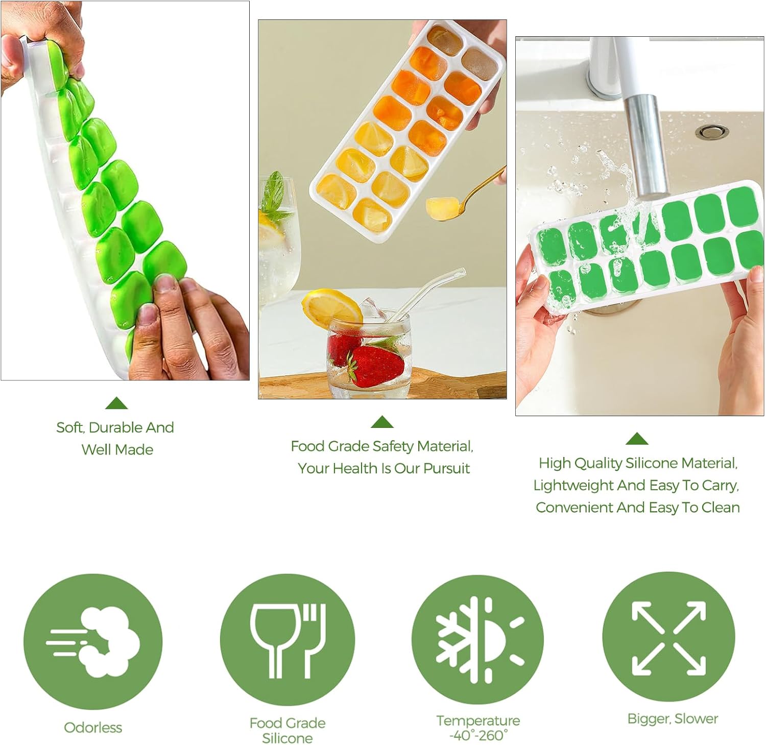 Bacs à glaçons silicone - 4 pièces - avec couvercle, LFGB sans BPA, facile à démouler, 2 verts + 2 bleus