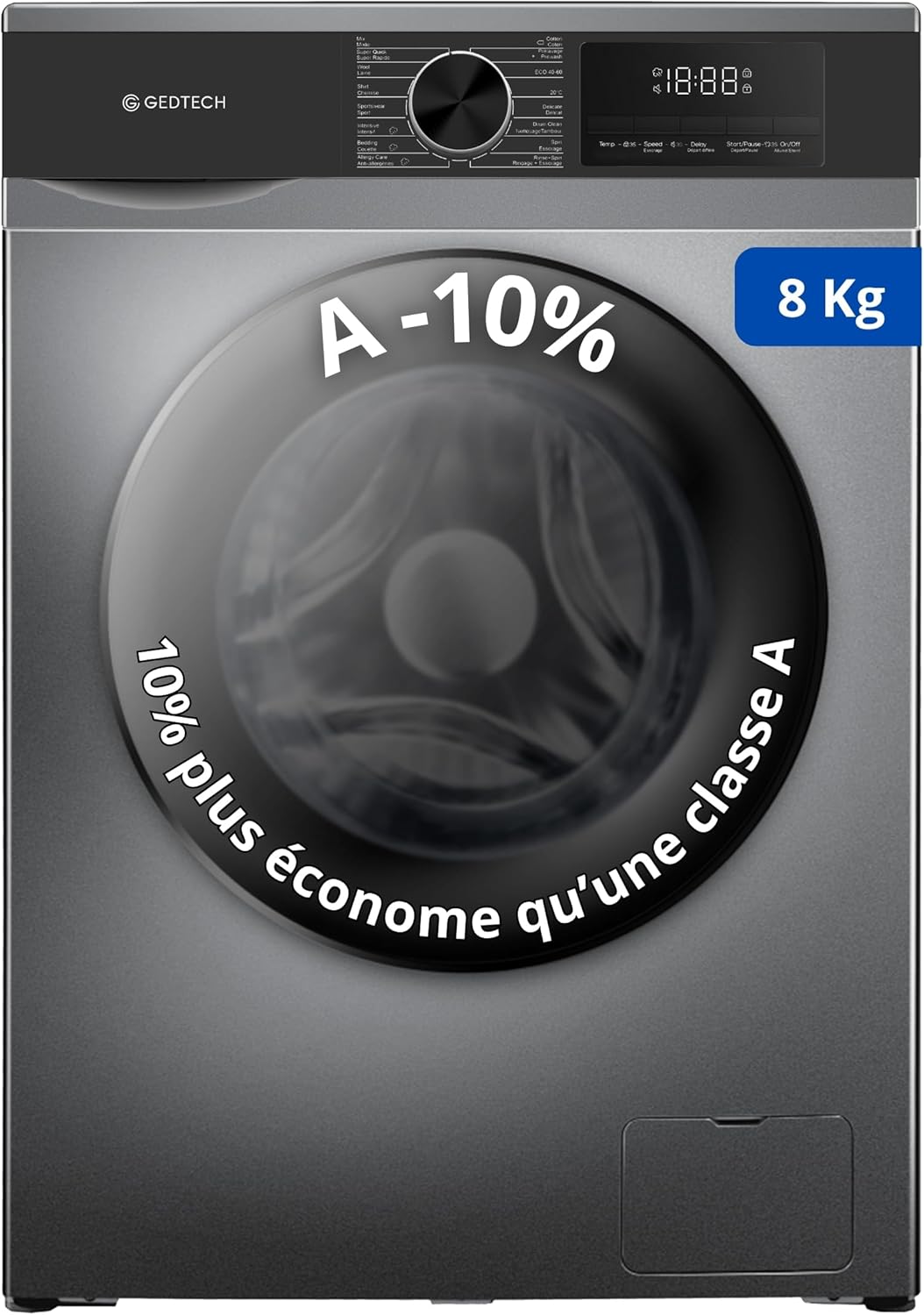 GEDTECH - Lave-linge frontal 8kg, 1400tr/min, 16 programmes, GLL81400BL