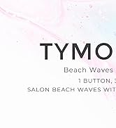 Publicité de produit pour l'outil de coiffure TYMO Beach Waves. Le texte mentionne « 1 BOUTON » et « SALON BEACH WAVES » sur fond rose pastel et bleu avec des points