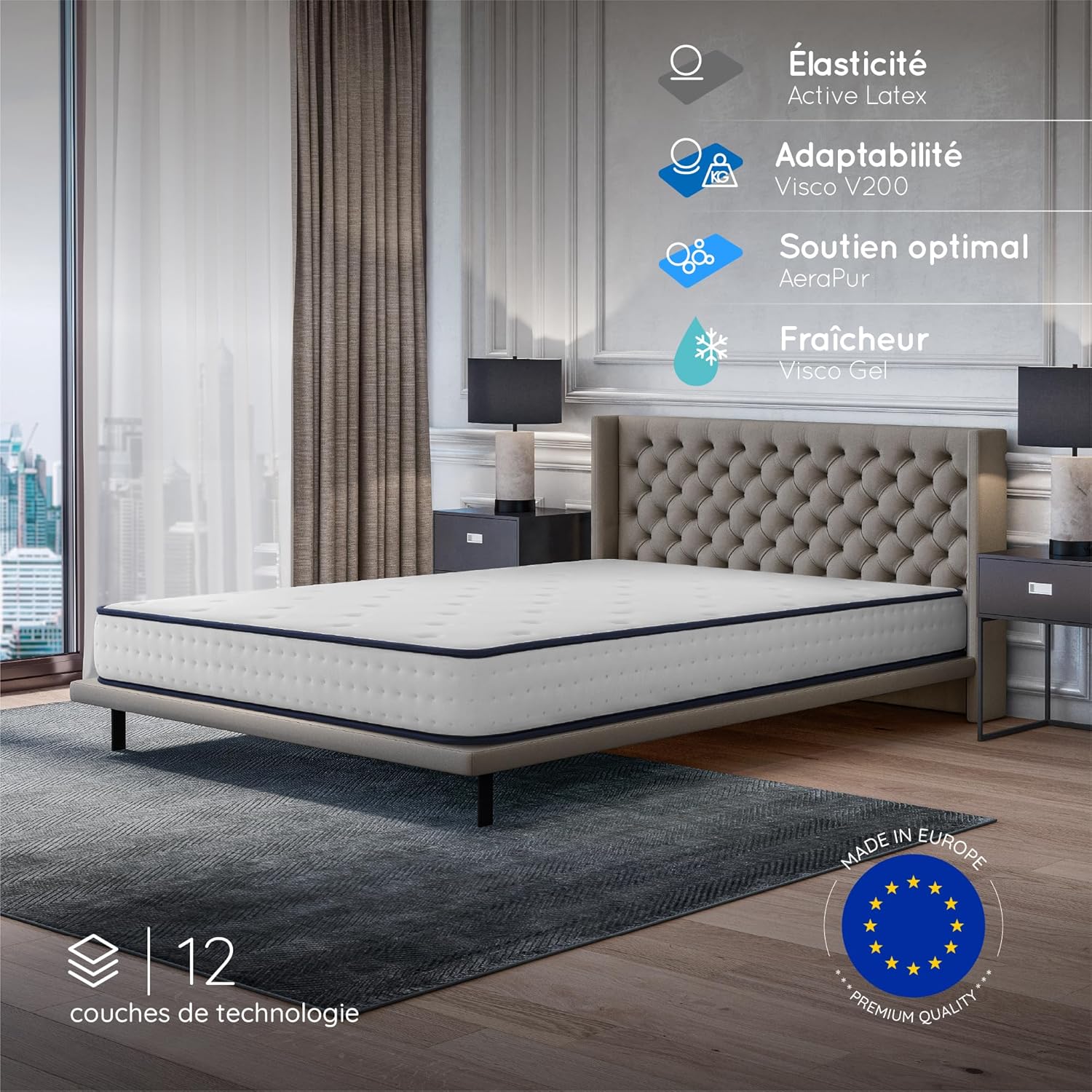 COSMOS - Upsilon - 140x190 cm - mémoire de forme, latex, 21 cm, 7 zones