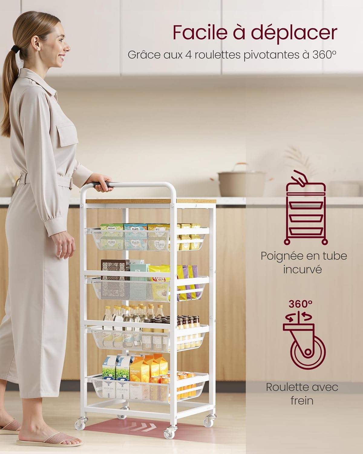 VASAGLE - chariot de rangement à 5 niveaux, 31,7x40x95cm, paniers extractibles, roulettes, poignée, LRC041YA01