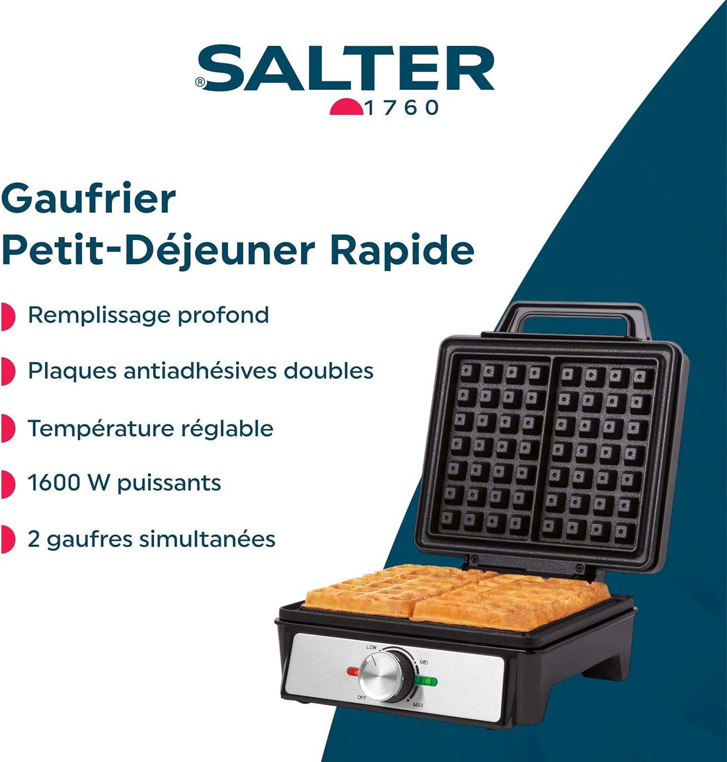 Salter - Machine à Gaufres, plaques antiadhésives, 1600W, température réglable
