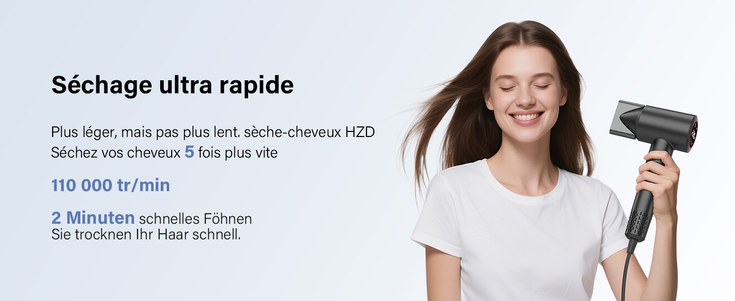 Le texte indique « Séchage ultra rapide ». Publicité présentant un produit sèche-cheveux avec démonstration de ses capacités de séchage rapide.