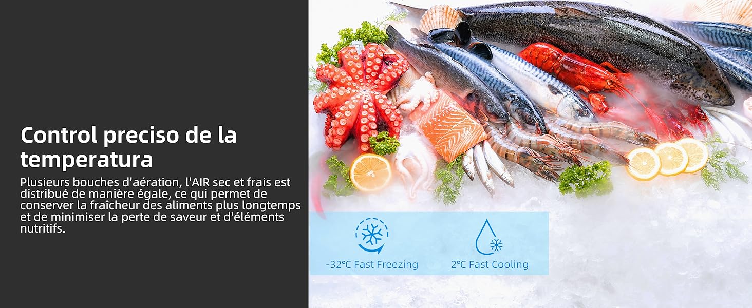 Assortiment de fruits de mer frais sur glace, dont du poisson et du poulpe. Le texte et les icônes indiquent des caractéristiques précises de contrôle de la température et d'imperméabilisation.