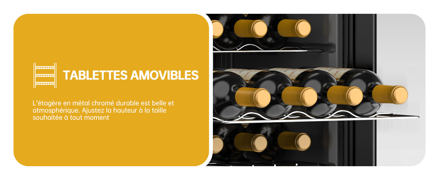 Étagère à vin avec étagères amovibles montrant plusieurs bouteilles rangées horizontalement, avec superposition de texte jaune