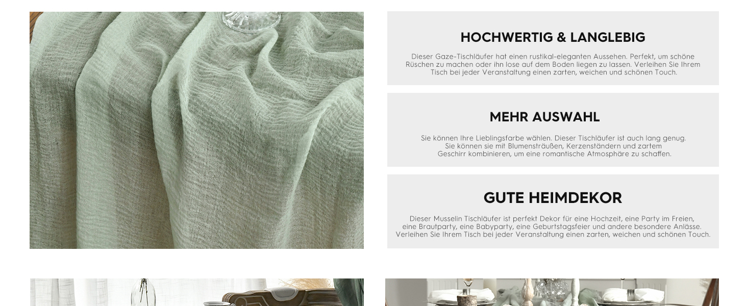 Tissu texturé vert clair ou serviette dans le panneau de gauche. Le panneau de droite affiche du texte en allemand, décrivant éventuellement les caractéristiques ou les catégories du produit.