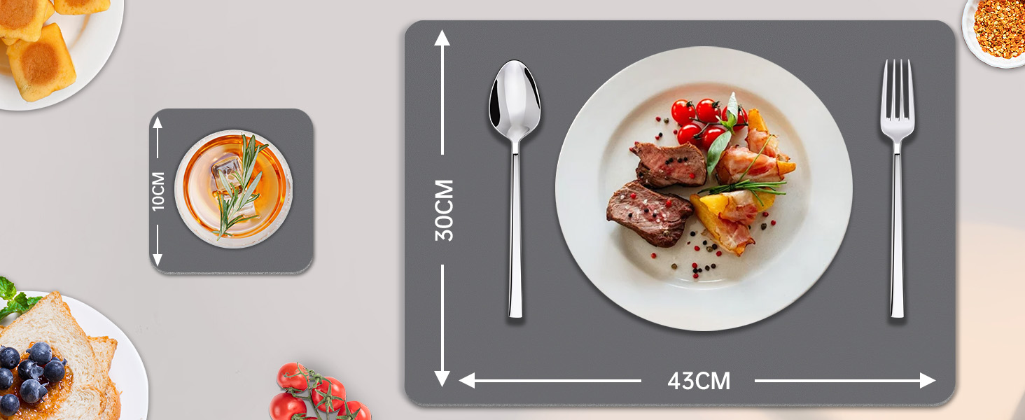 Vue aérienne d'un schéma ou d'un gabarit de réglage des assiettes, montrant des contours gris pour un placement correct des ustensiles de salle à manger et de la vaisselle.