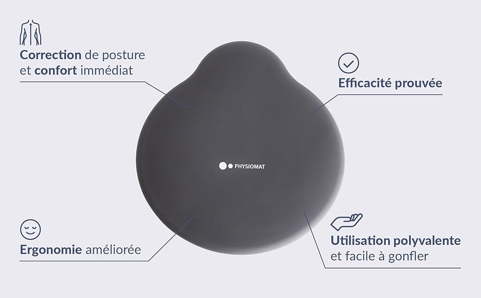 Coussin ergonomique rond noir avec superposition de texte soulignant la correction de la posture, une ergonomie améliorée et des fonctions de gonflage polyvalentes