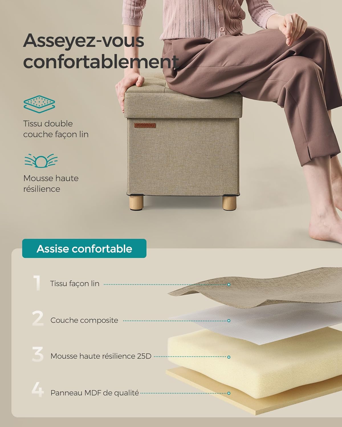 SONGMICS - Tabouret pliable, 38x38x40 cm, repose-pieds, rangement, 300kg - LSF014K11