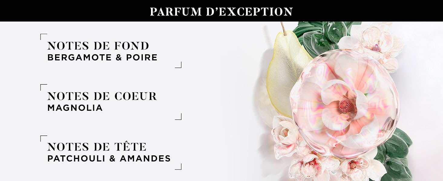 Le texte se lit comme suit : « NOTES DE FOND », « NOTES DE CŒUR », « NOTES DE TÊTE ». Image décorative avec des éléments floraux roses et mise en page du texte pour la description du parfum.