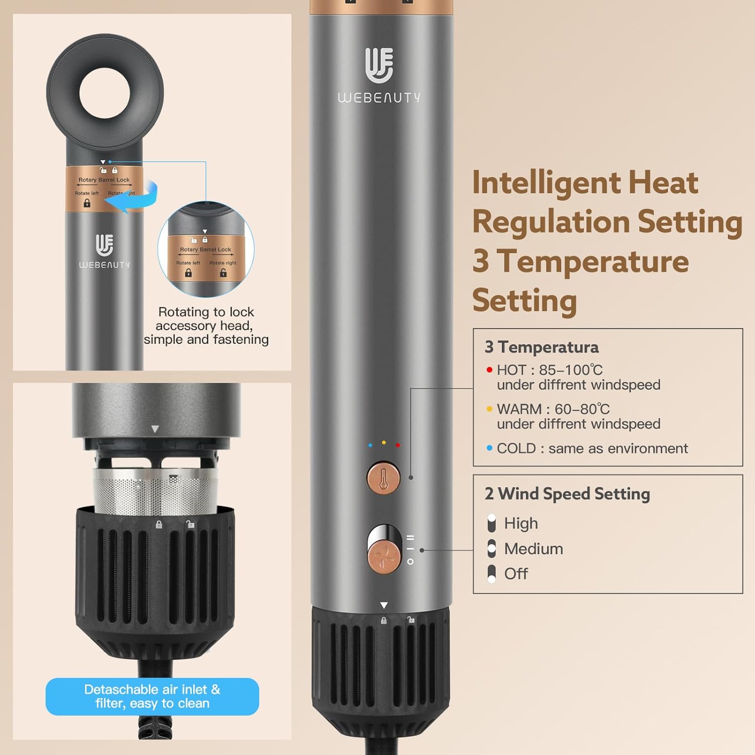 WeBeauty - Air Styler 6 en 1 - 30m/s, ions négatifs, 110000 tr/min, boucleur volumisant