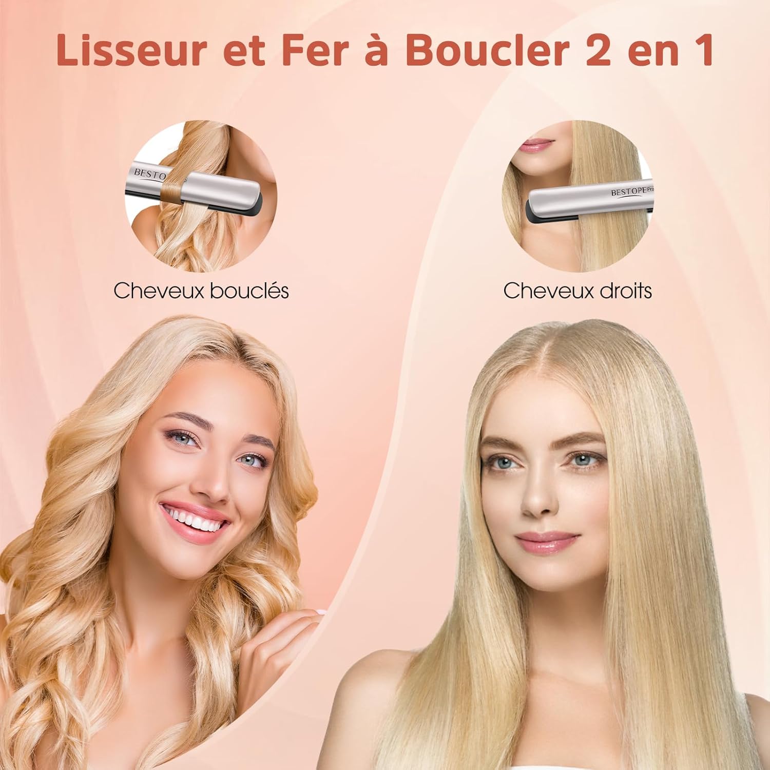 BESTOPE - PRO Lisseur 2en1 céramique, écran LCD, 120-230°C, cheveux épais