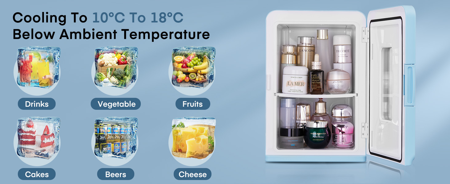 Intérieur de réfrigérateur compact affichant une capacité de refroidissement de 10 °C à 18 °C en dessous de la température ambiante. Montre un espace de rangement pour les boissons, les légumes, les fruits, les gâteaux, les bières et le fromage.